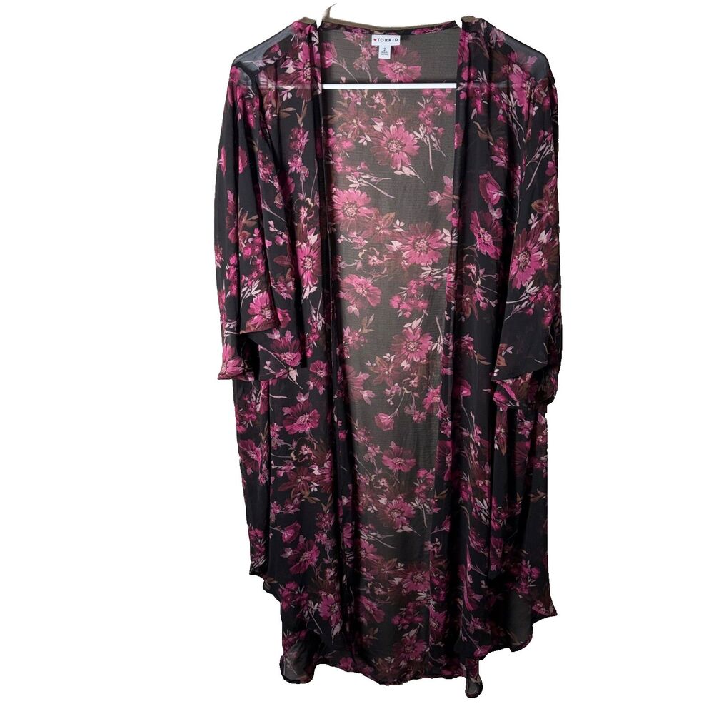 Torrid Sweater Women's 2 Floral Black Purple Sheer Lightweight Kimono 2X